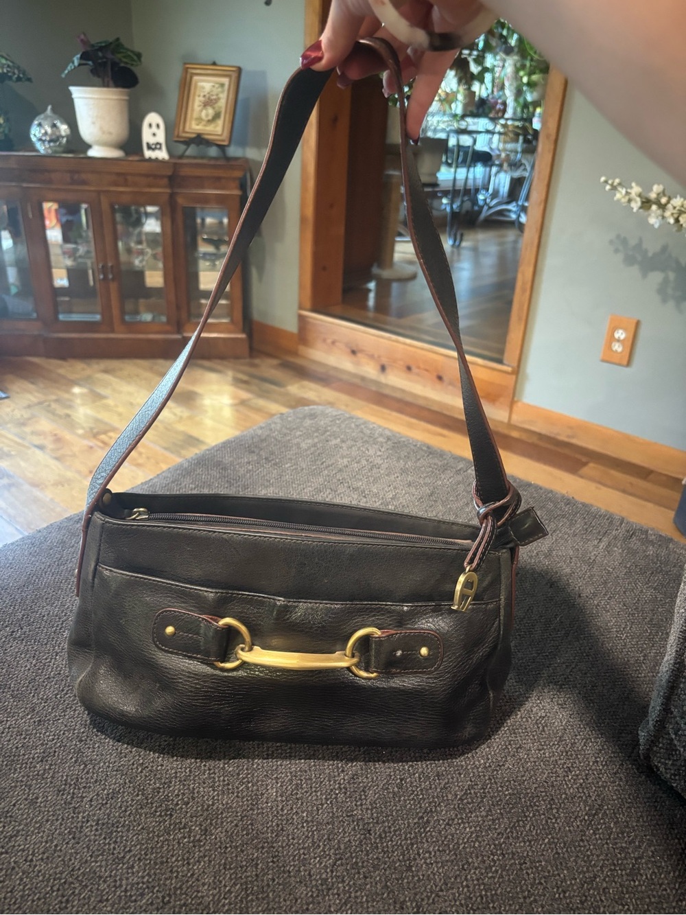 Etienne Aigner Women’s Classic Black Leather Bag with Gold Horse-bit Hardware